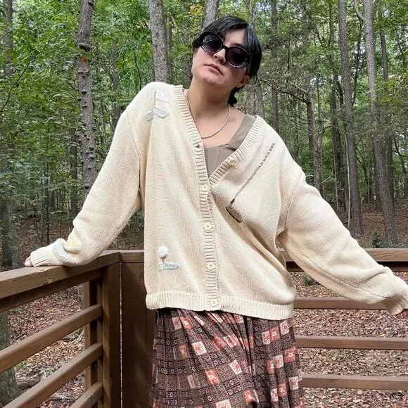 SOLD / AMAZING VINTAGE cream y2k LIZ CLAIBORNE GOLF knot knit cardigan! - Picture 7 of 8